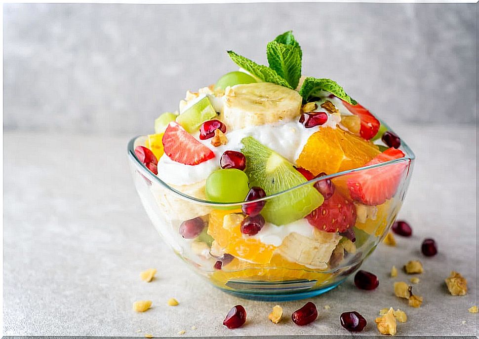 Yogurt with fruit for mid-morning.